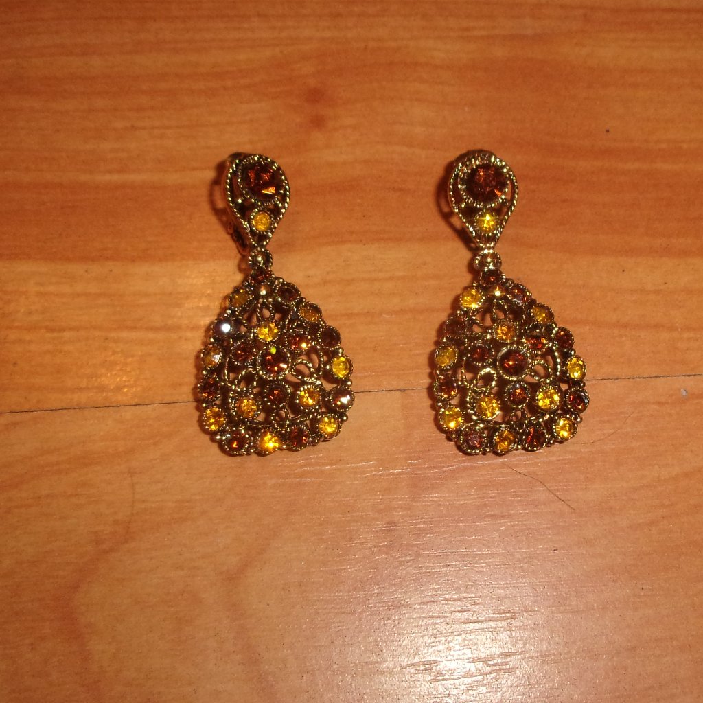Marvella Clip Earrings Gold Tone Filigree Amber Yellow Rhinestones Dangles
